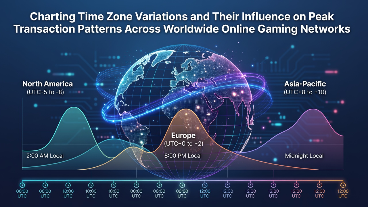 Global map illustrating time zone divisions overlaid with transaction heat maps from major online gaming regions