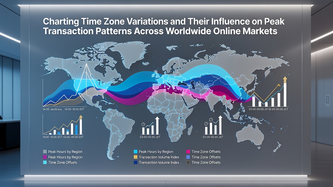 Chart displaying hourly transaction volumes across Asia, Europe, and Americas time zones with peak markers