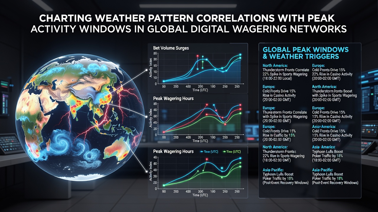 Data visualization charts showing weather variables plotted against wagering session durations across multiple continents
