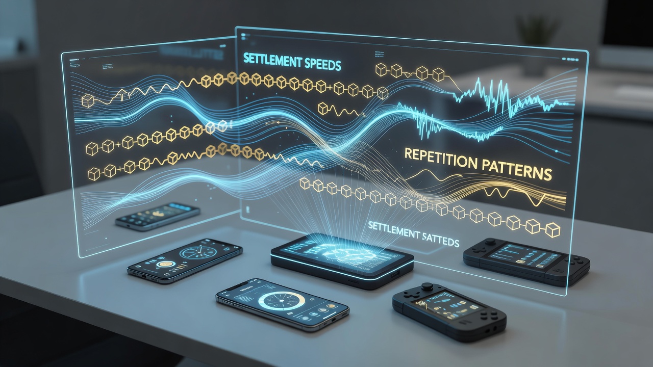 Mobile gaming interfaces showing transaction settlement indicators on portable devices