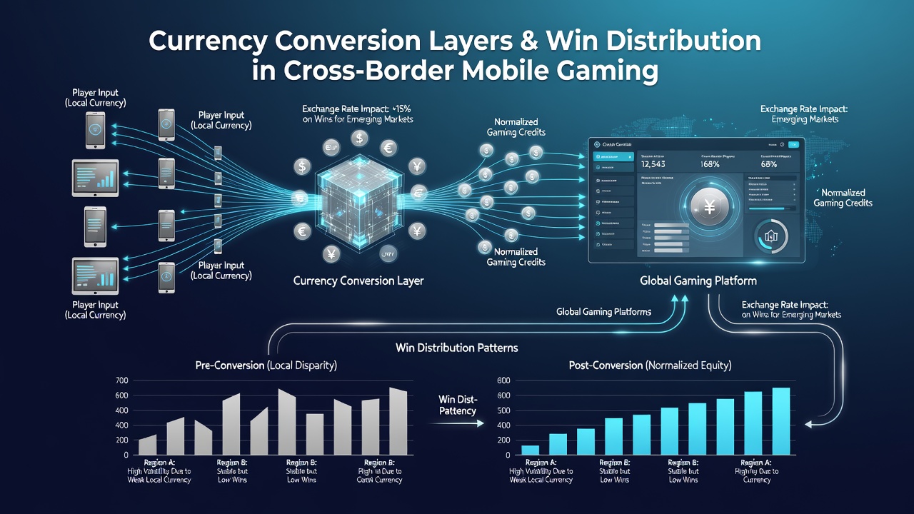 Chart displaying win distribution shifts before and after multi-layer currency conversions in mobile gaming