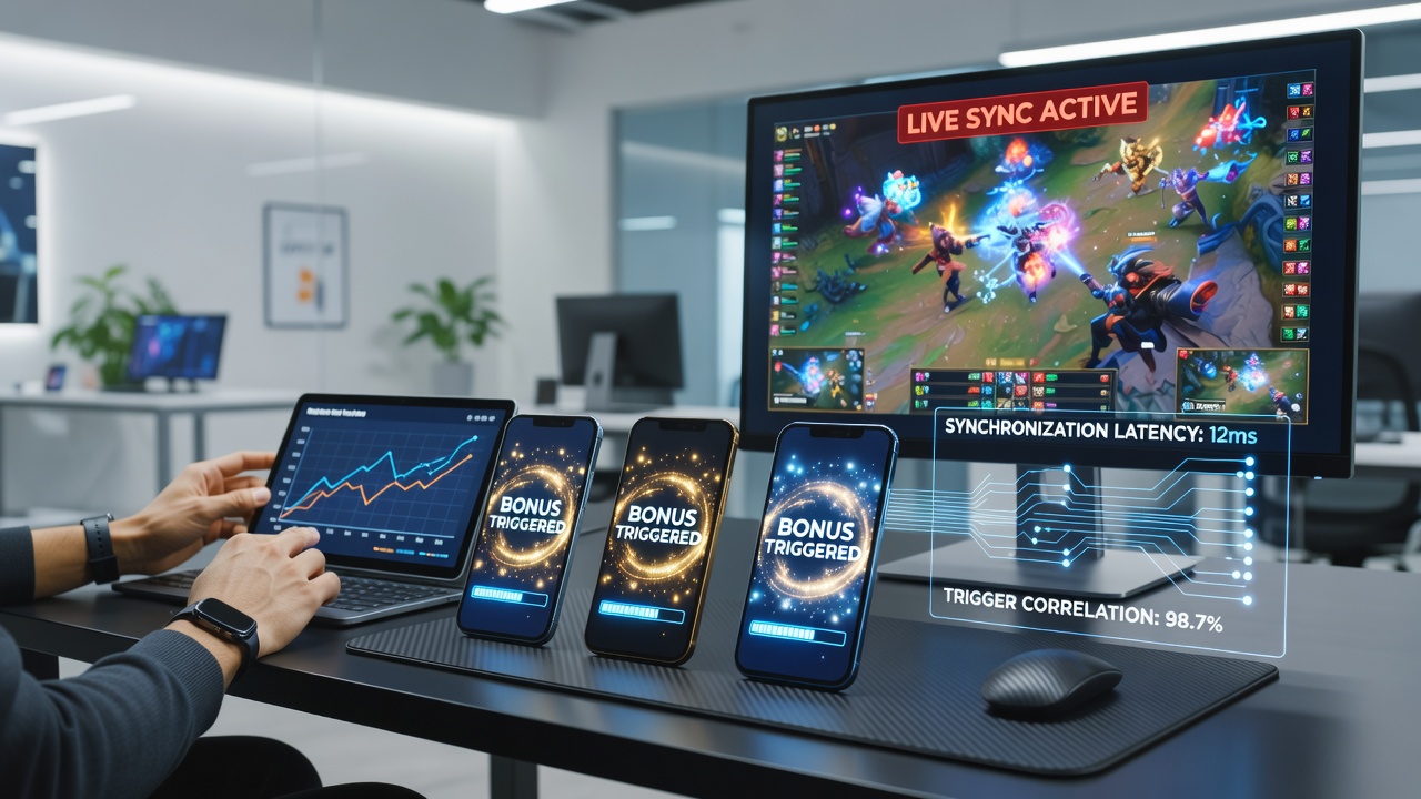 Live stream synchronization interface displaying real-time bonus triggers on mobile gaming devices