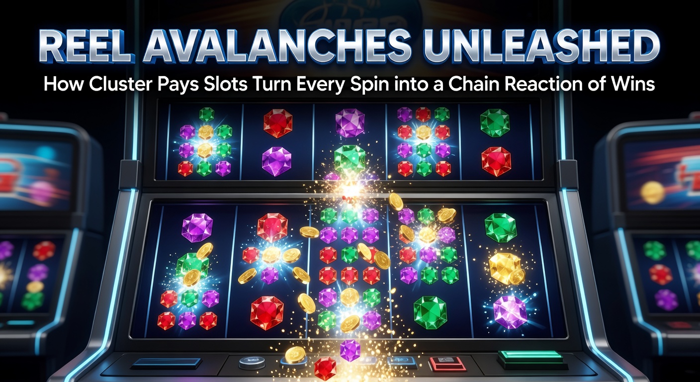 Vibrant cluster pays slot screen showing exploding symbol clusters and cascading reels filled with colorful wins