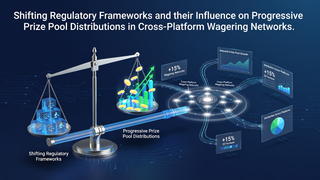 Illustration of interconnected digital wagering networks showing regulatory documents overlaying progressive jackpot meters across multiple platforms