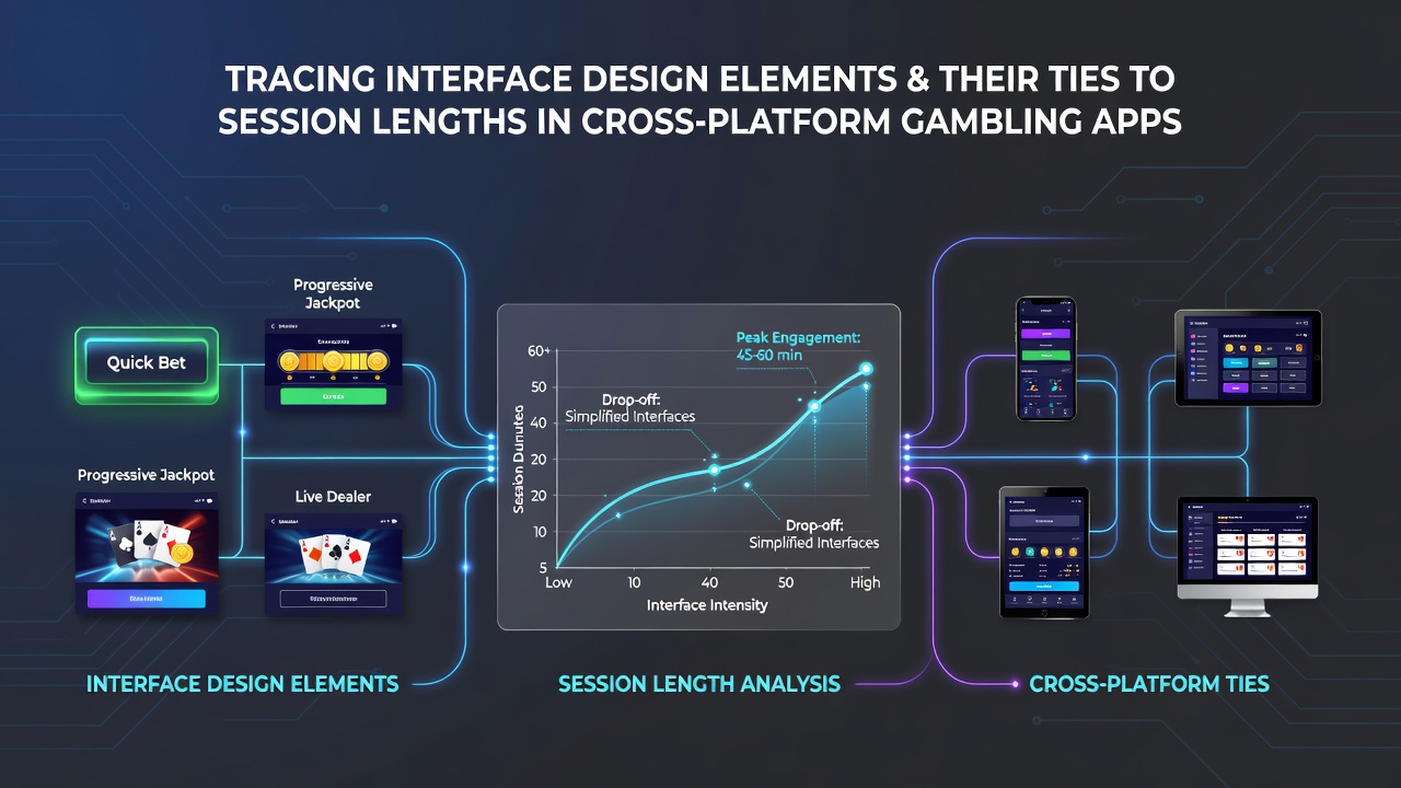 Cross-platform gambling app interface showing navigation menus and session tracking elements on mobile and desktop screens