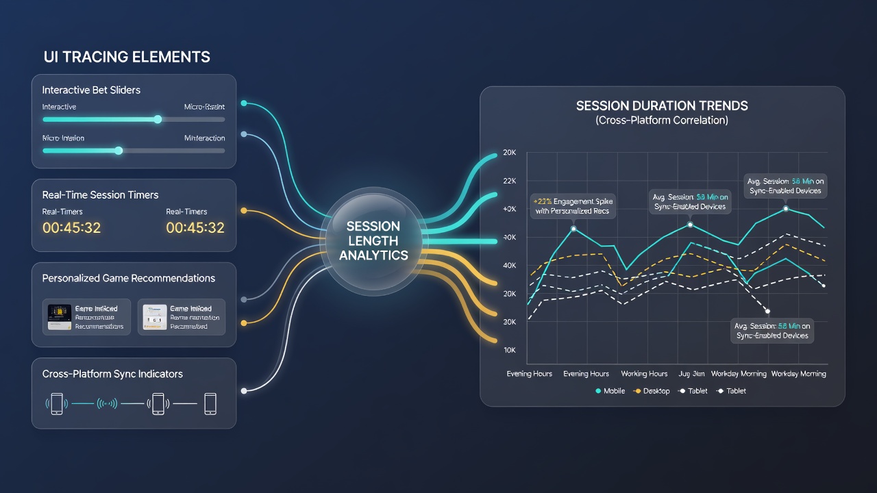 Detailed view of gambling app UI components including buttons, progress indicators, and cross-device sync visuals